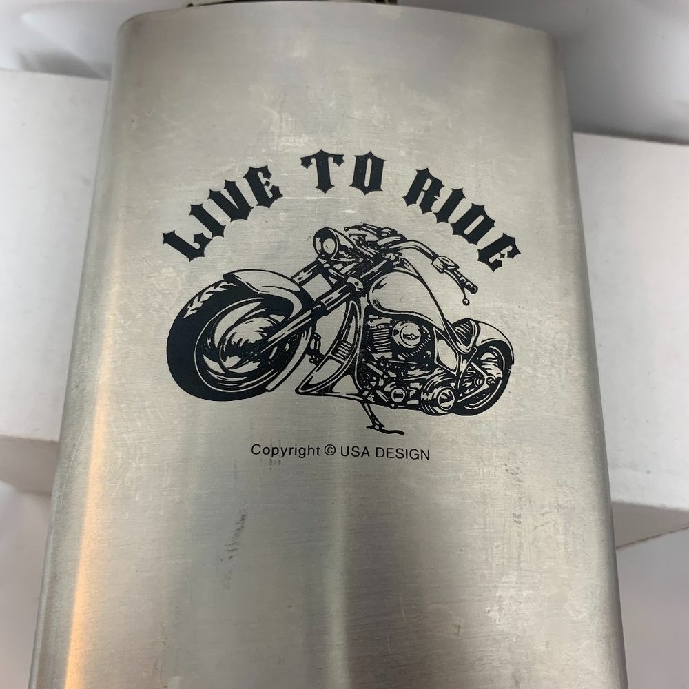"LIVE TO RIDE" Motorcycle Rider Flask. 8 oz. Stainless Steel. (619)